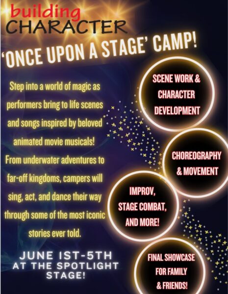 Promotional graphic for Building Character Arts “Once Upon a Stage” summer camp highlighting scene work, choreography, improv, and a final showcase, June 1–5